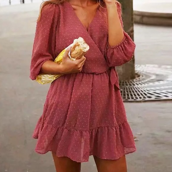 Swiss Mesh Dot Side Tie Jumpsuit Mini Dress Mauve - Picture 7 of 16